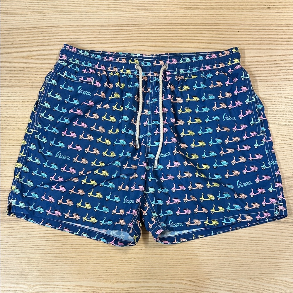 Men's Blue Swim Shorts with Multicolor Vespa Print